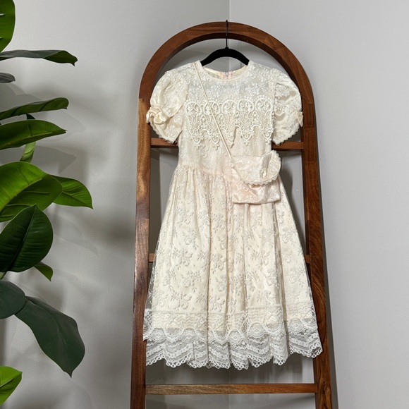 Jessica McClintock Other - Jessica McClintock Vintage 80s Girls 6X Cream Pink Lace Dress USA Made